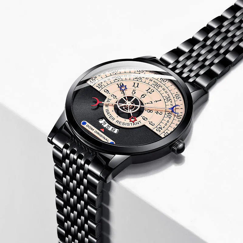 Gold or silver men's sports watch with 40mm dial, alloy case, and stainless steel or leather strap.