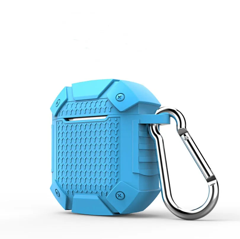 Silicone protective case for AirPods in black, red, blue, and royal blue colours.