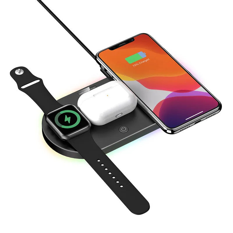 Black circular wireless charger with cooling fan and anti-slip surface for 15W fast charging