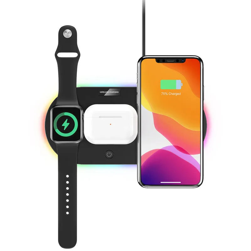 Black circular wireless charger with cooling fan and anti-slip surface for 15W fast charging