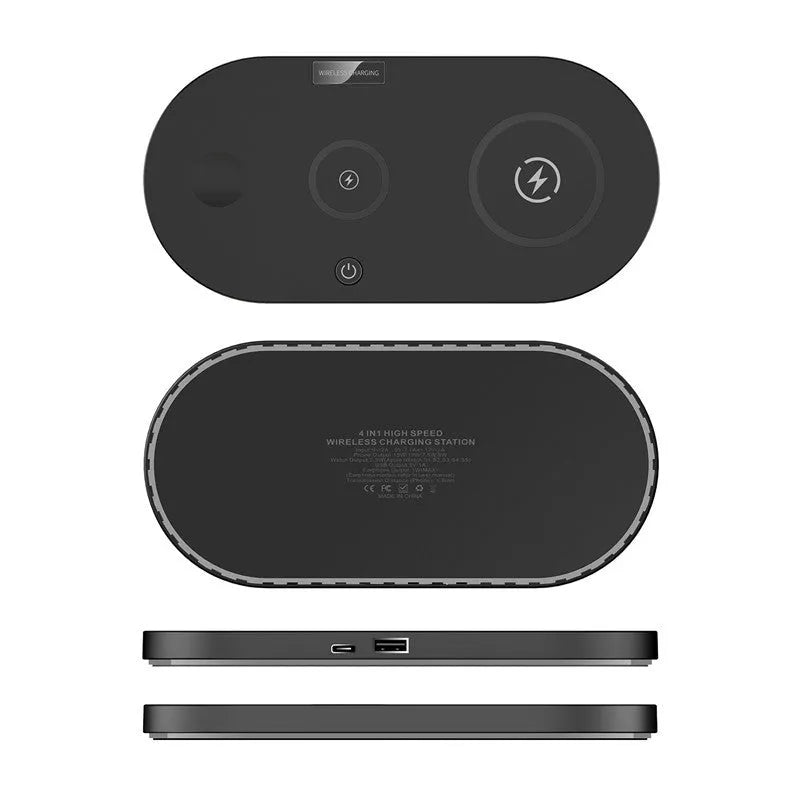 Black circular wireless charger with cooling fan and anti-slip surface for 15W fast charging