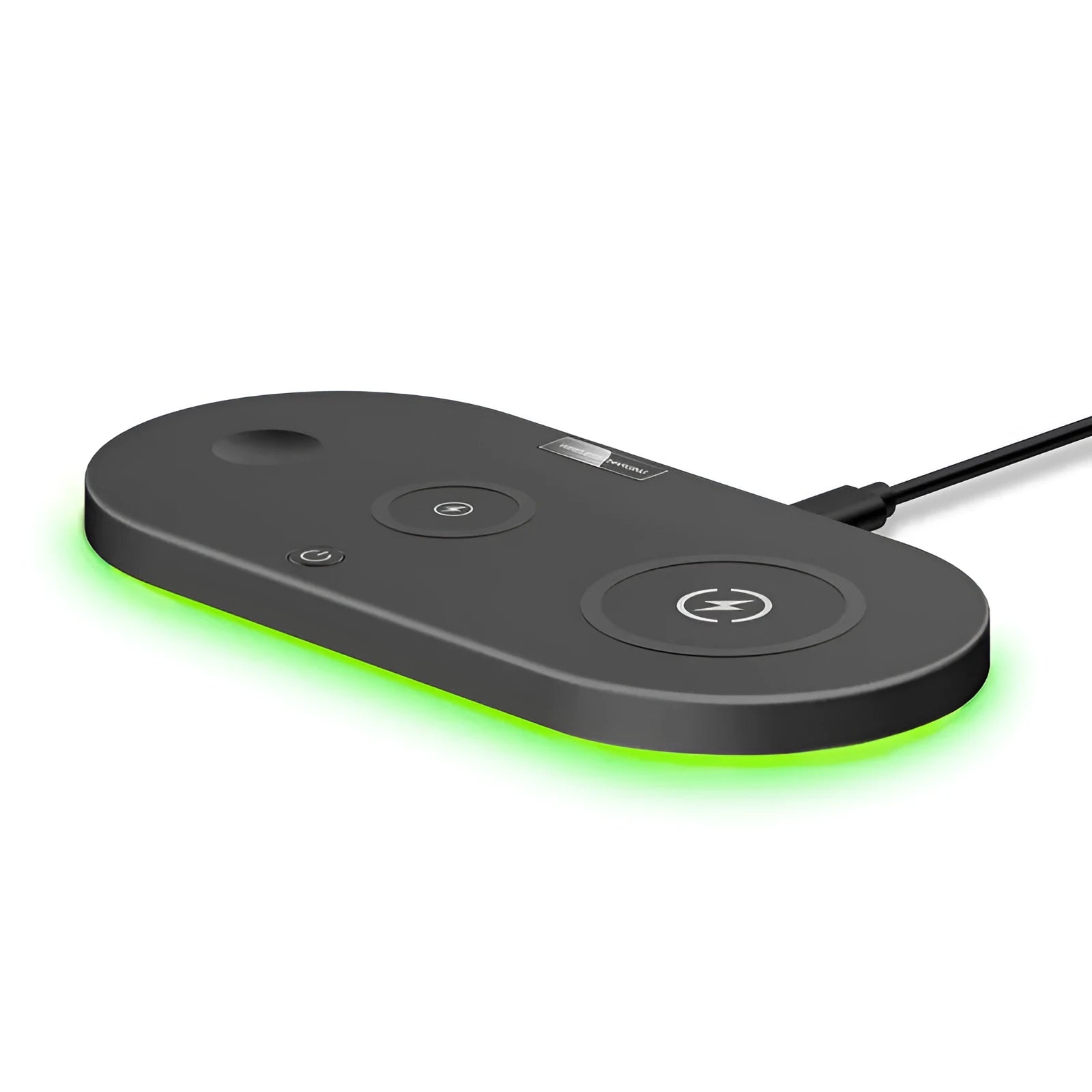 Black circular wireless charger with cooling fan and anti-slip surface for 15W fast charging