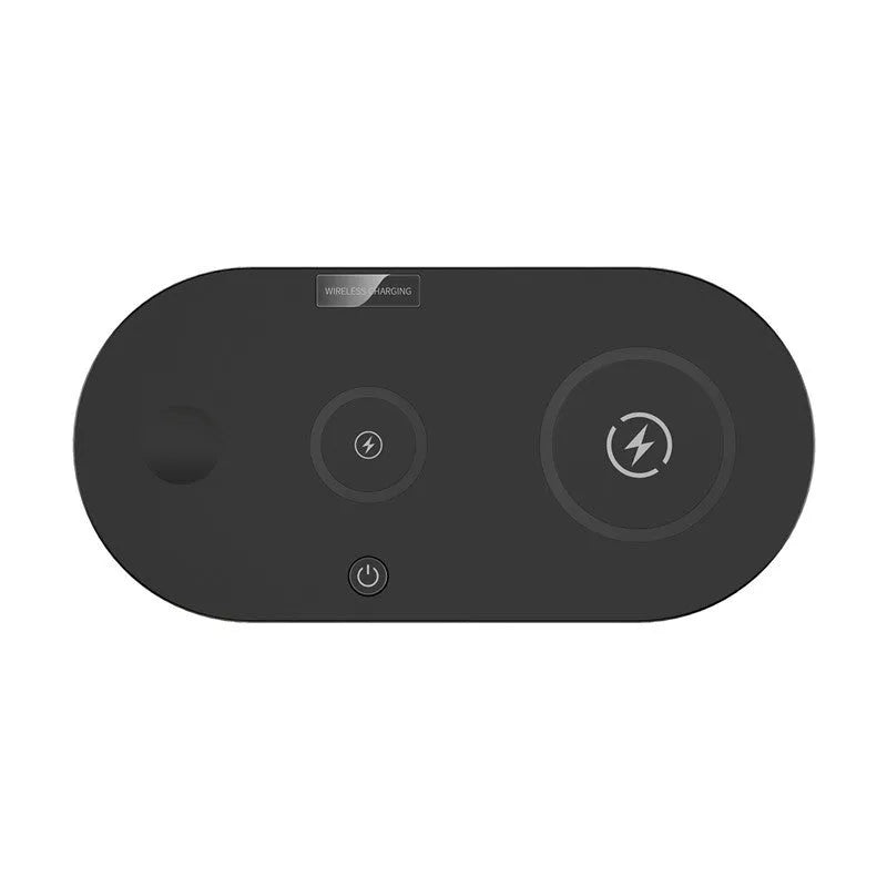 Black circular wireless charger with cooling fan and anti-slip surface for 15W fast charging