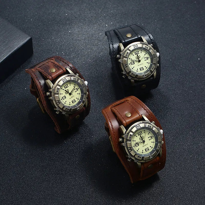 Vintage leather watch bracelet with geometric design for men and women, shown in black, brown, or coffee colour options.