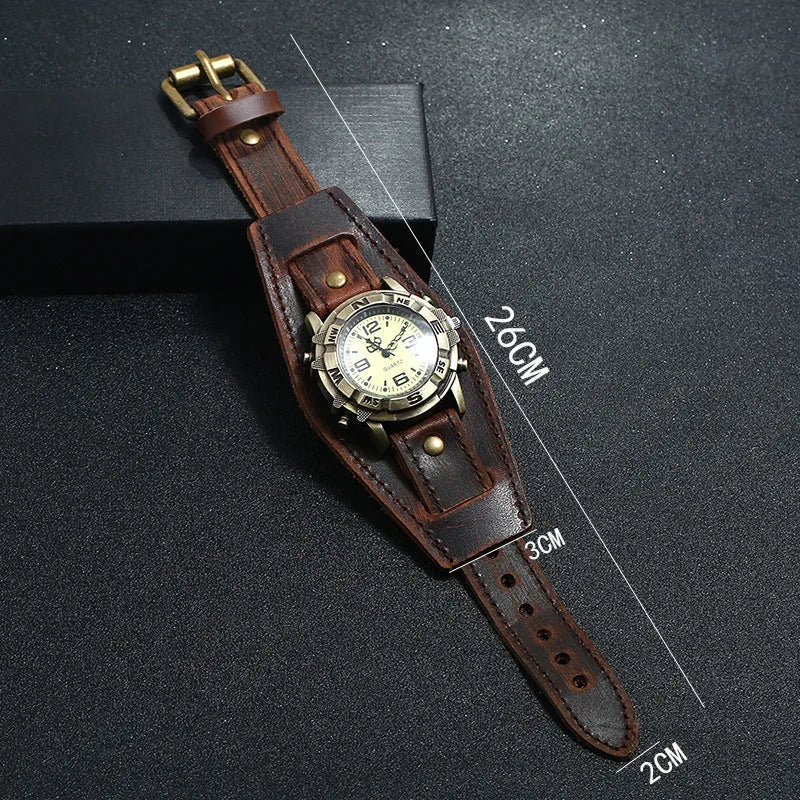Vintage leather watch bracelet with geometric design for men and women, shown in black, brown, or coffee colour options.