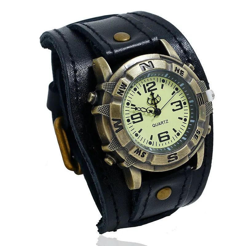 Vintage leather watch bracelet with geometric design for men and women, shown in black, brown, or coffee colour options.