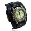Vintage leather watch bracelet with geometric design for men and women, shown in black, brown, or coffee colour options.