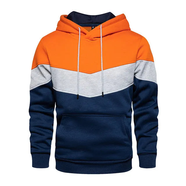 Men's patchwork hooded sweatshirt loose fit long sleeve casual top in blue with hood