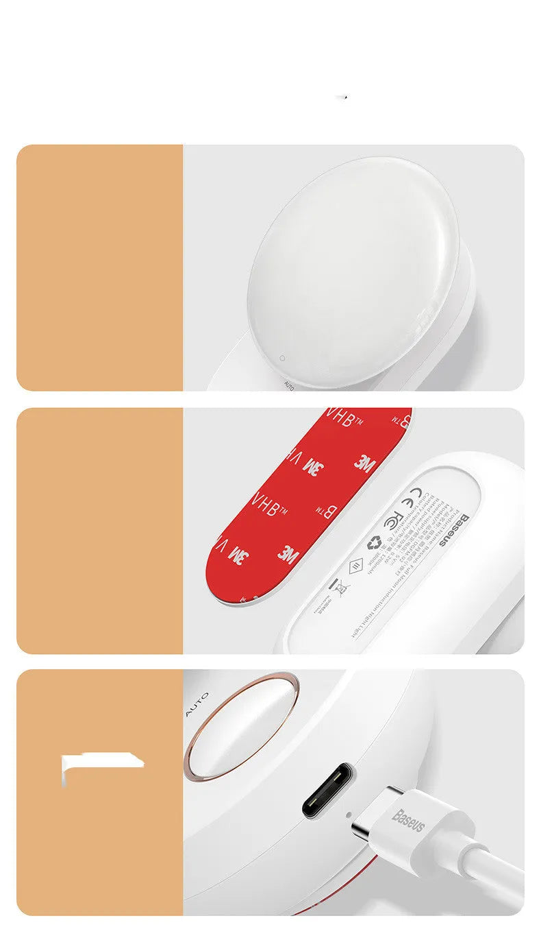 White Baseus rechargeable sensor night light with LED glow, shown on a bedside table.