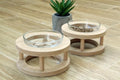 Wooden raised pet bowl stand with glass bowls, available in small, medium and large sizes for cats and small dogs.