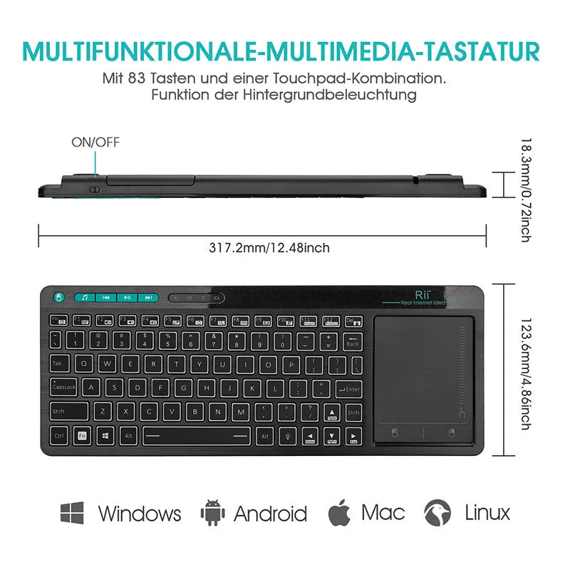 K18+ wireless keyboard with RGB backlighting and touchpad in black finish