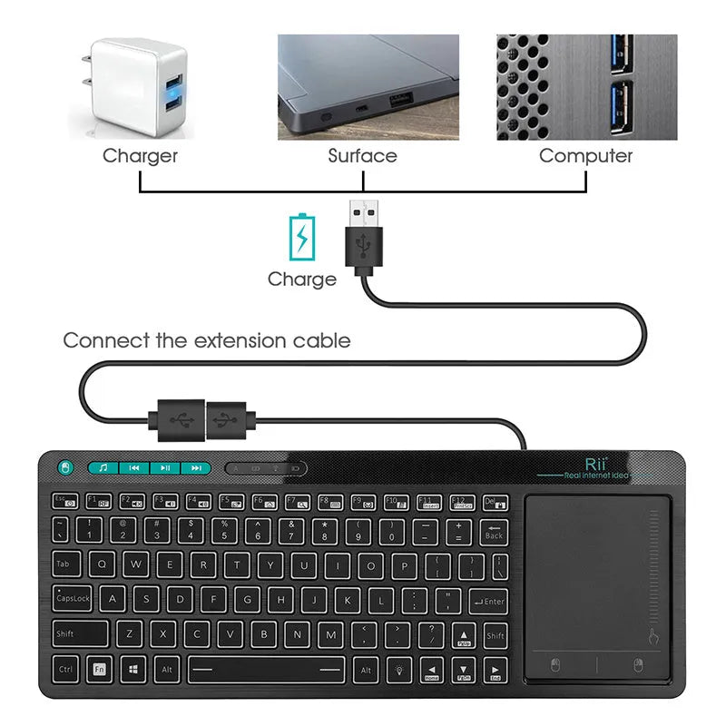 K18+ wireless keyboard with RGB backlighting and touchpad in black finish