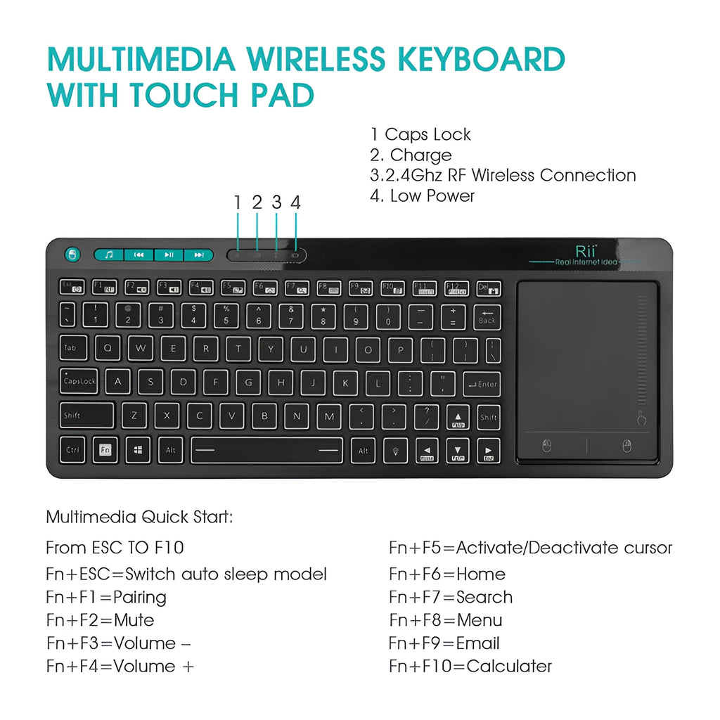 K18+ wireless keyboard with RGB backlighting and touchpad in black finish