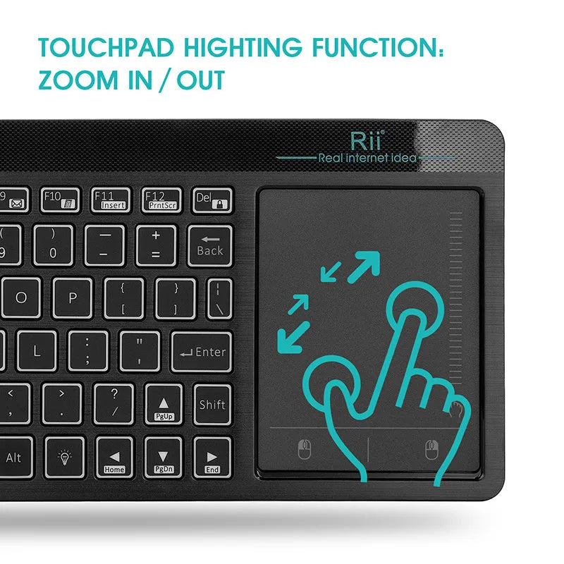 K18+ wireless keyboard with RGB backlighting and touchpad in black finish