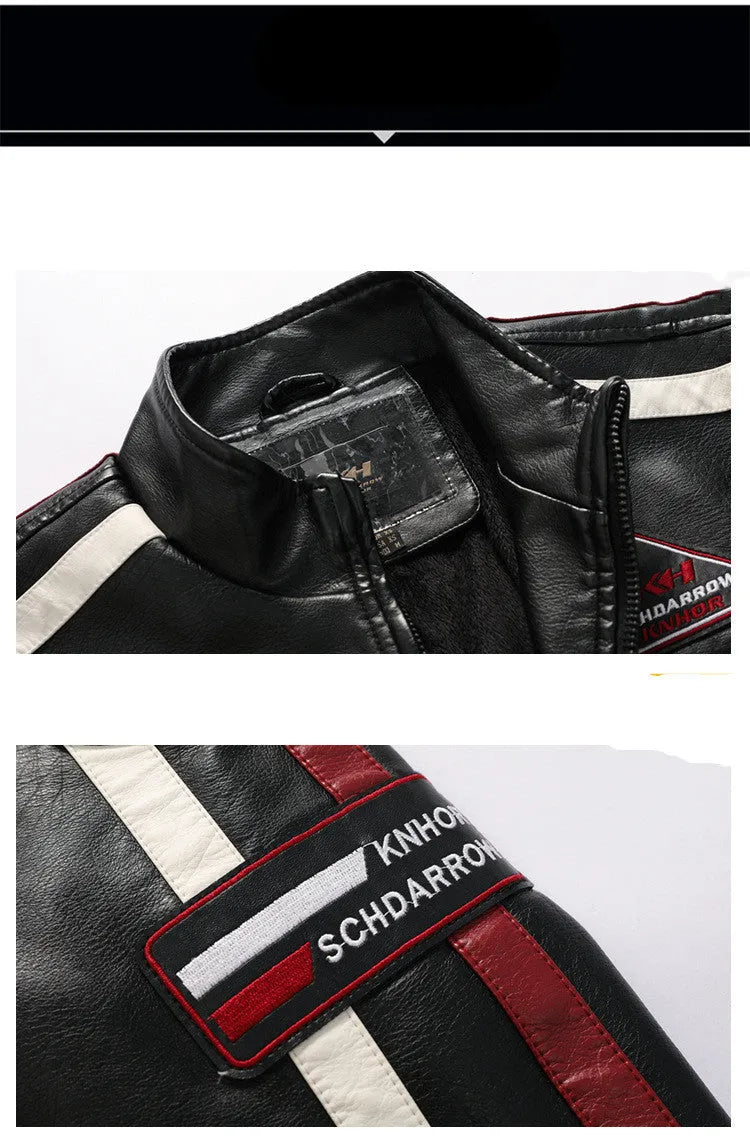 Men's black PU leather motorcycle racing suit jacket with stand-up collar, zipper front, and badge detail