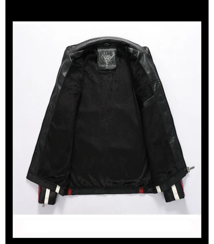 Men's black PU leather motorcycle racing suit jacket with stand-up collar, zipper front, and badge detail