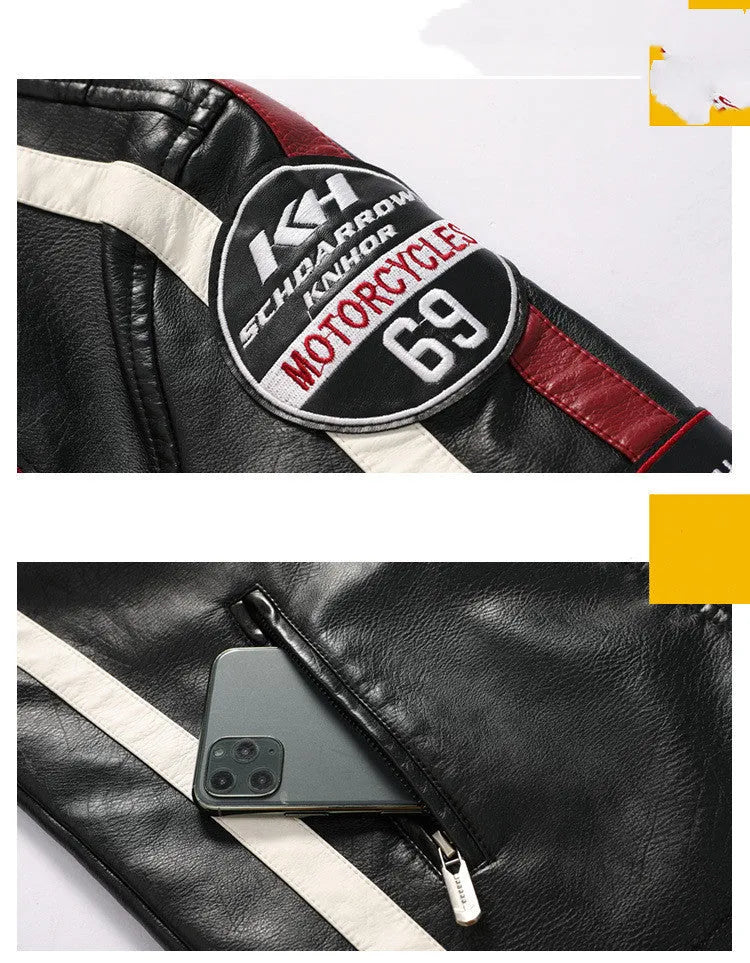 Men's black PU leather motorcycle racing suit jacket with stand-up collar, zipper front, and badge detail