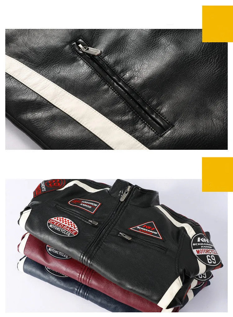 Men's black PU leather motorcycle racing suit jacket with stand-up collar, zipper front, and badge detail