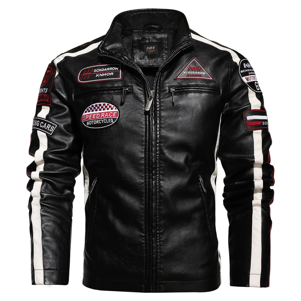 Men's black PU leather motorcycle racing suit jacket with stand-up collar, zipper front, and badge detail