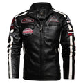 Men's black PU leather motorcycle racing suit jacket with stand-up collar, zipper front, and badge detail