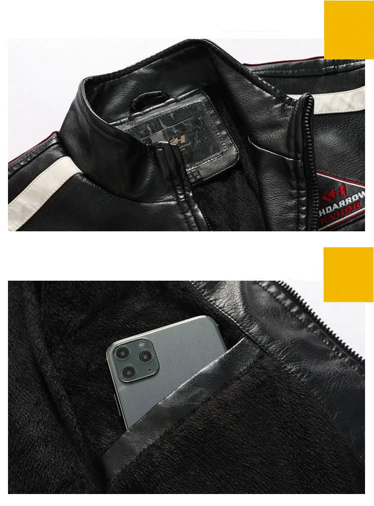 Men's black PU leather motorcycle racing suit jacket with stand-up collar, zipper front, and badge detail