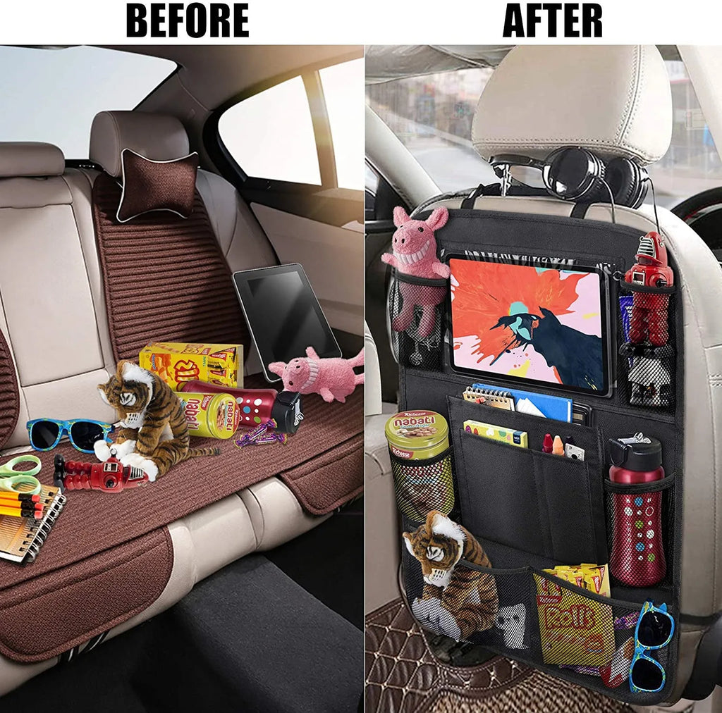 Black 600D Oxford fabric car rear seat anti-kick storage bag measuring 46x68x1cm
