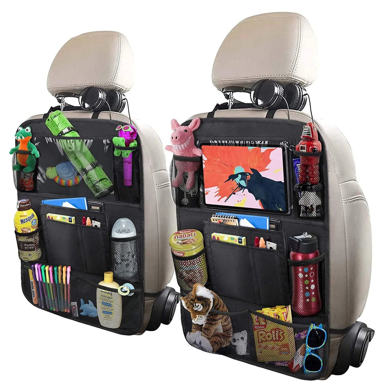 Black 600D Oxford fabric car rear seat anti-kick storage bag measuring 46x68x1cm