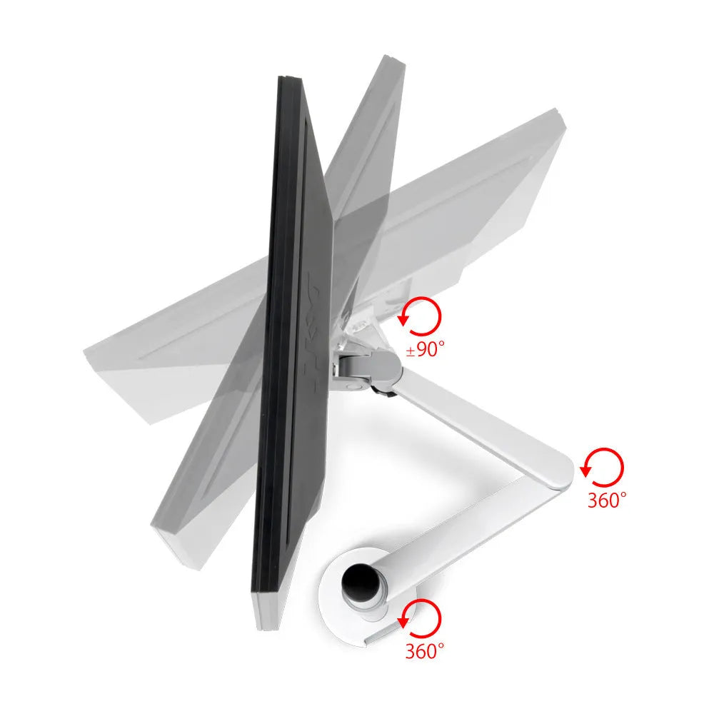 Silver metal dual-purpose bracket holding a notebook and monitor on a desk with adjustable arm