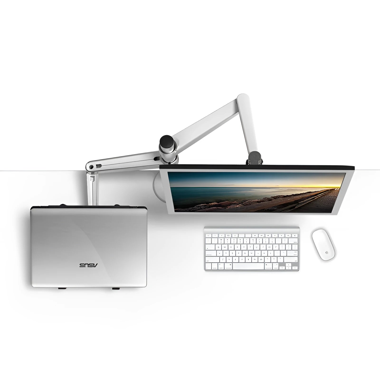 Silver metal dual-purpose bracket holding a notebook and monitor on a desk with adjustable arm