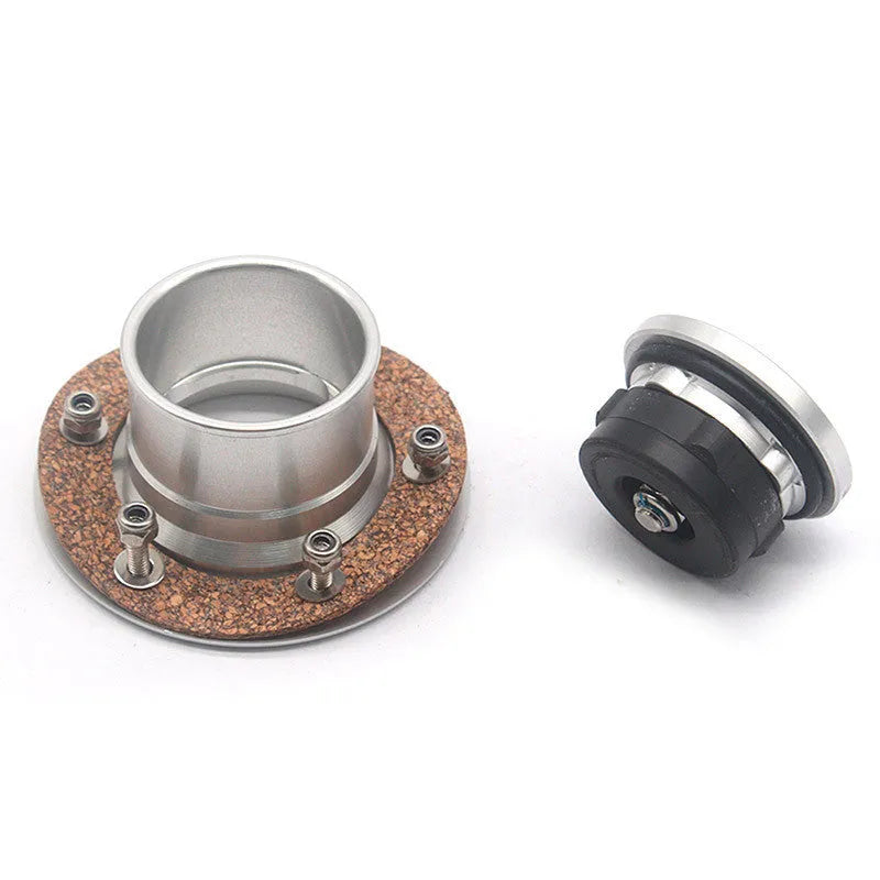 Silver aluminium alloy fuel tank cap designed for universal car fitment.
