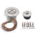 Silver aluminium alloy fuel tank cap designed for universal car fitment.