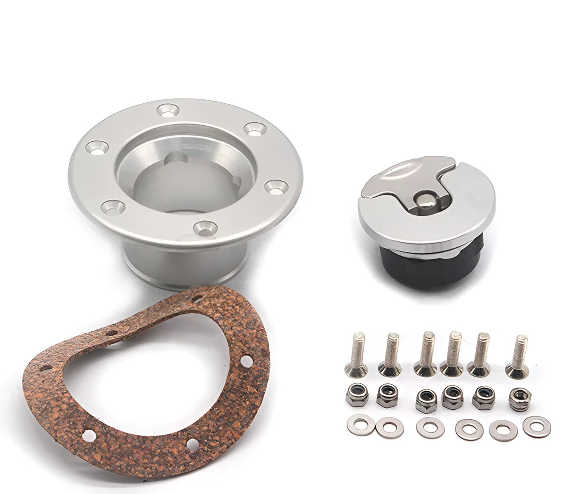 Silver aluminium alloy fuel tank cap designed for universal car fitment.
