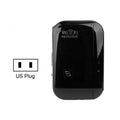 Black and white Wi-Fi repeater with multiple international plug types and included Ethernet cable