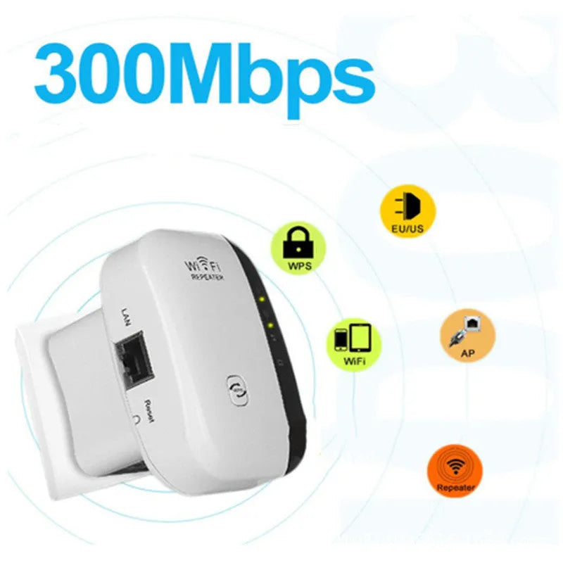 Black and white Wi-Fi repeater with multiple international plug types and included Ethernet cable