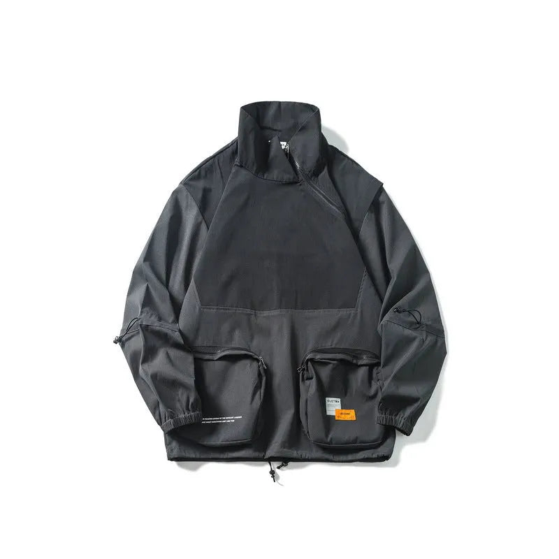 Men's loose cotton cargo jacket in black or army green with contrasting colours, straight hem and 3D paste bag pockets
