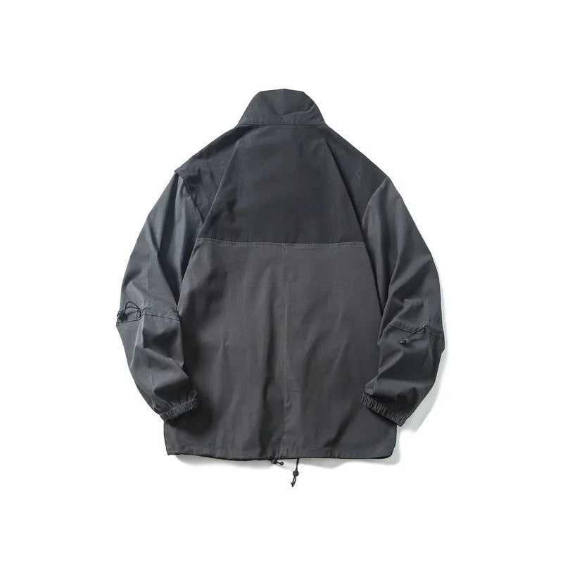 Men's loose cotton cargo jacket in black or army green with contrasting colours, straight hem and 3D paste bag pockets