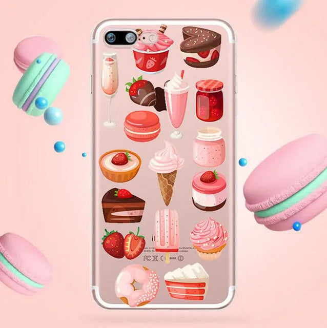 Clear transparent TPU phone case with example custom print on back, showing phone model cutouts.