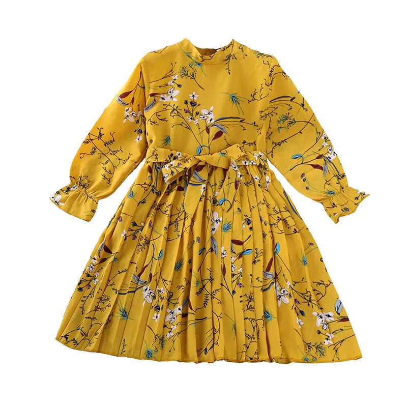 Explosive Kids Korean printed long sleeve princess dress for girls aged 3-8 in yellow