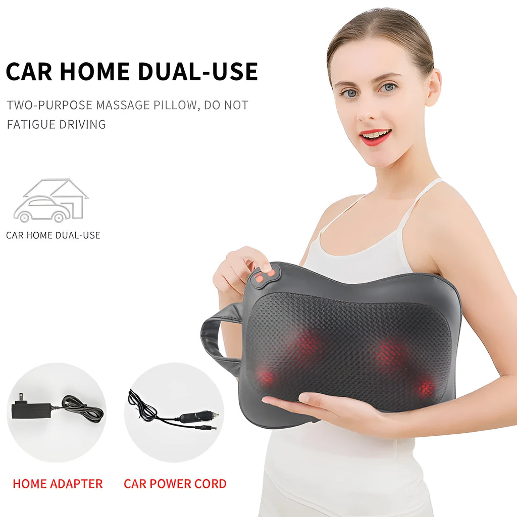 Rechargeable massage pillow for cervical vertebra with infrared and heat, black, with multi-head design.