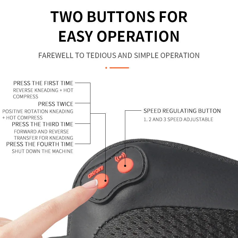Rechargeable massage pillow for cervical vertebra with infrared and heat, black, with multi-head design.