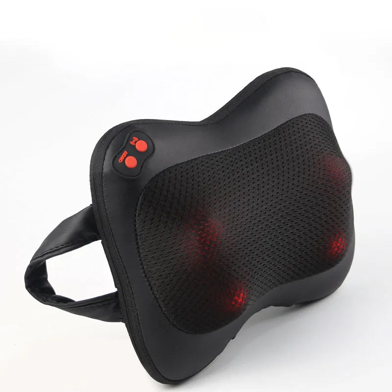 Rechargeable massage pillow for cervical vertebra with infrared and heat, black, with multi-head design.