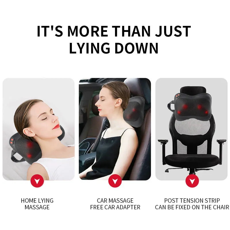 Rechargeable massage pillow for cervical vertebra with infrared and heat, black, with multi-head design.