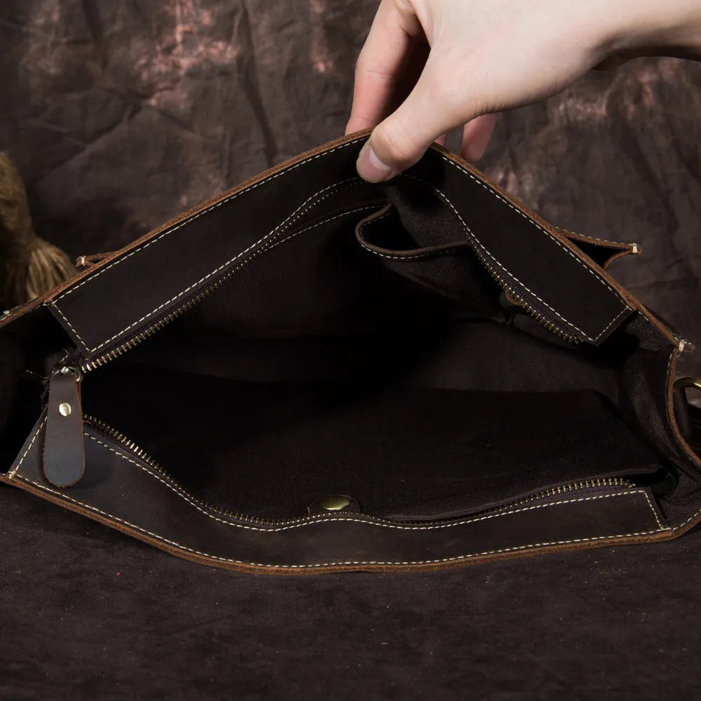 Men's dark brown coffee crazy horseskin leather shoulder bag messenger bag handbag 36cm length