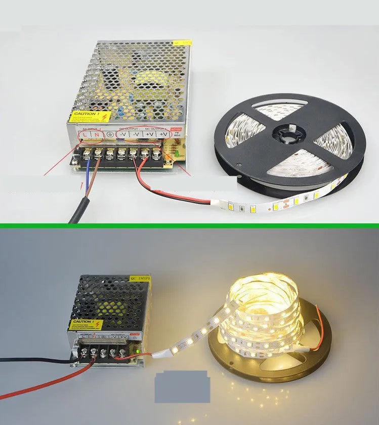 Close-up of a flexible 12V white LED light strip, showing either 2835 or 5050 LEDs, for counter and shelf lighting.
