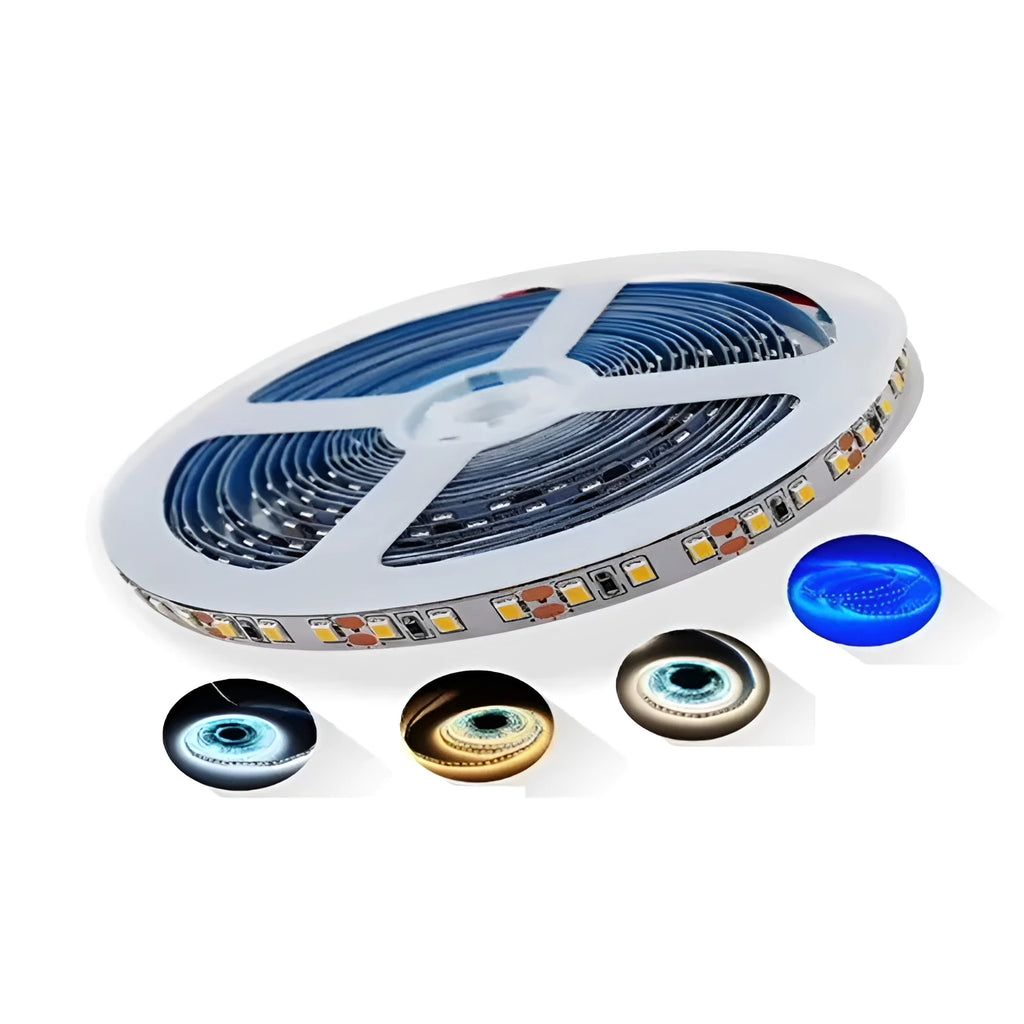Close-up of a flexible 12V white LED light strip, showing either 2835 or 5050 LEDs, for counter and shelf lighting.