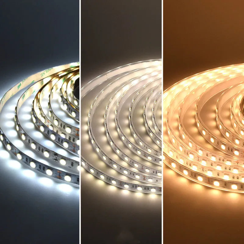 Close-up of a flexible 12V white LED light strip, showing either 2835 or 5050 LEDs, for counter and shelf lighting.