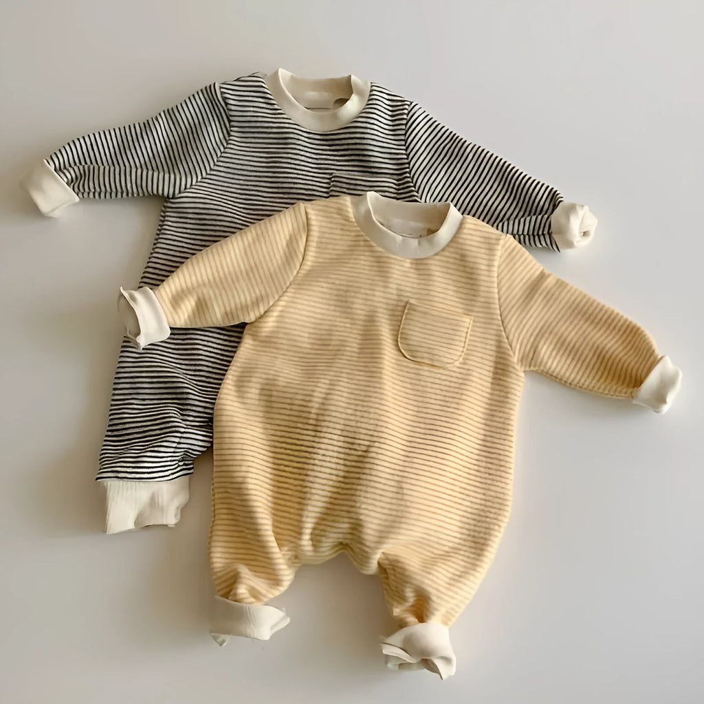 Striped cotton baby jumpsuit for infant winter wear in black or yellow colours
