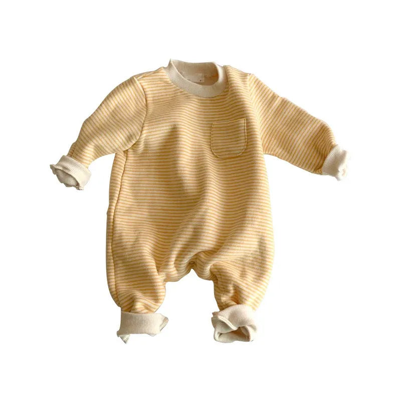 Striped cotton baby jumpsuit for infant winter wear in black or yellow colours