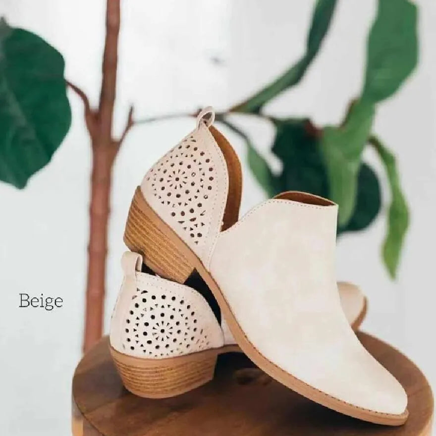 Women's retro mesh ankle boots with square chunky heel, cut-out perforated design in beige