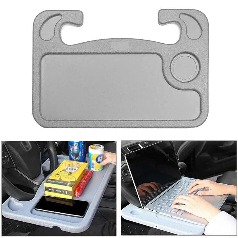 Multifunctional car desk in black ABS, 425 x 285 x 25mm, mounted on car steering wheel with adjustable angle.